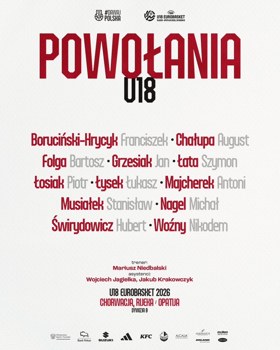 PZKosz's tweet photo. W piątek, w Chorwacji, rozpocznie się EuroBasket U18 Dywizji B mężczyzn 🔜🏀

Oto skład naszej reprezentacji, która powalczy o awans do elity 🫡

@SPORT_GOV_PL  @BankPekaoSA  @adidas  @kfc  @AerowatchPolska  #TworzymyPolskiSport https://t.co/TRo50Nv5U7