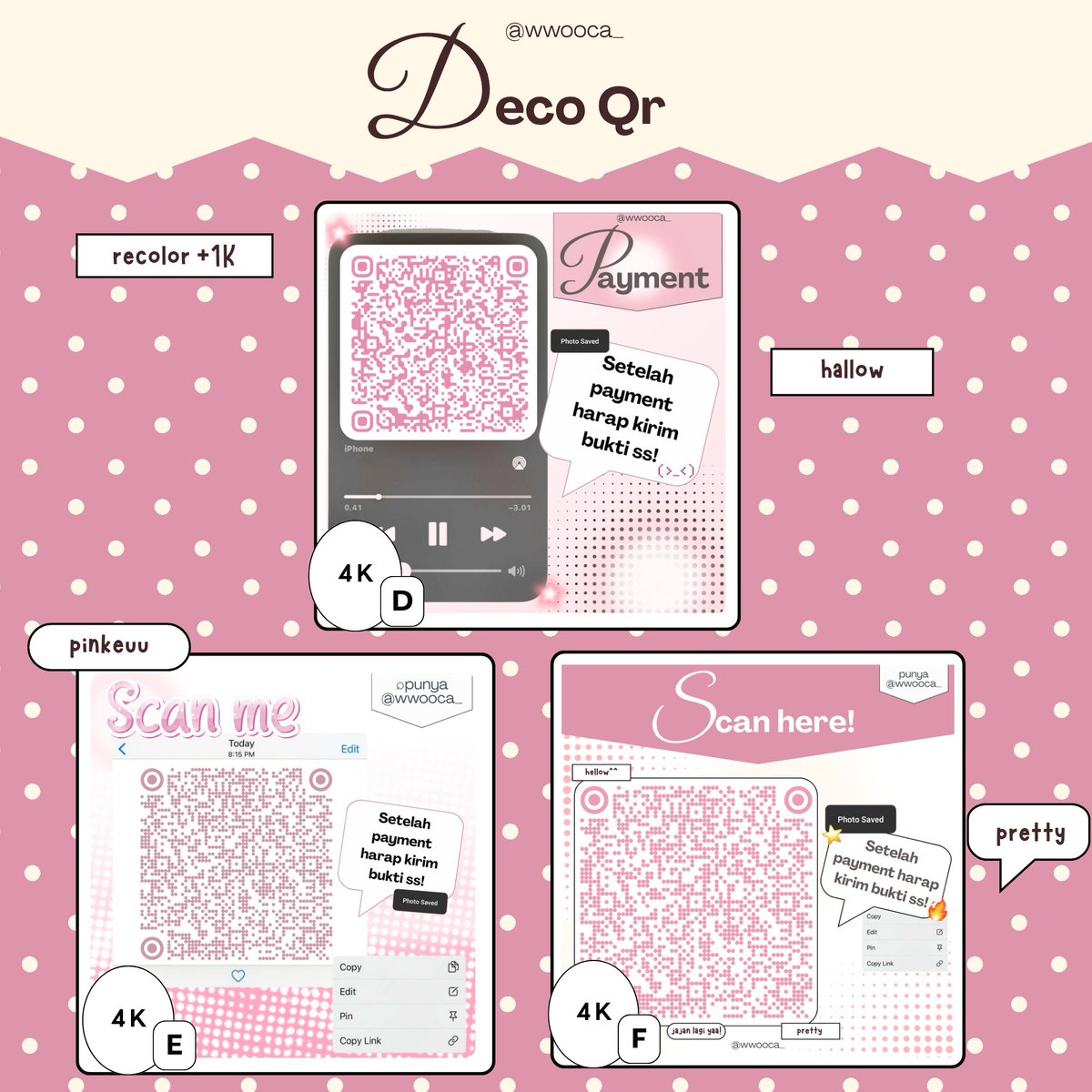 wwooca_'s tweet photo. ⌕ 🦦  ──  please help me to repost? thank uu

halloww! aku sedia qr code yang redi di bawa nih

ⓘ price 4k-6k
ⓘ https://t.co/UjEYgkhevg

#bealanjaㅤ https://t.co/qWERZRHjjp
