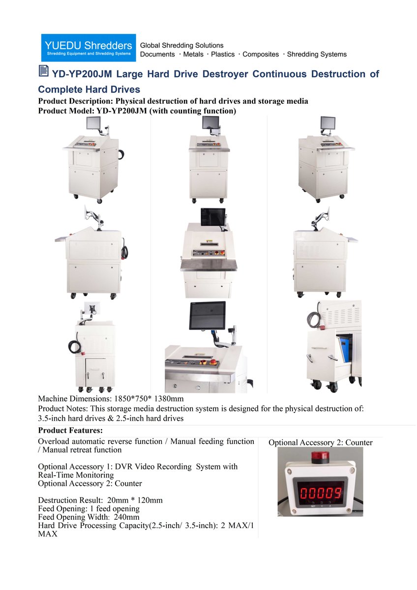 xueqinzhou1989's tweet photo. Enterprise HDD Disposal Solution
The YUEDU YD-YP200JM is designed for continuous physical destruction of 2.5" and 3.5" hard drives.
• 24-hour continuous operation
• 240 mm feed opening
• Approx. 20 × 120 mm output
• Optional DVR, counter and degausser
#HardDrive #YUEDU https://t.co/7Yx5Fin00i