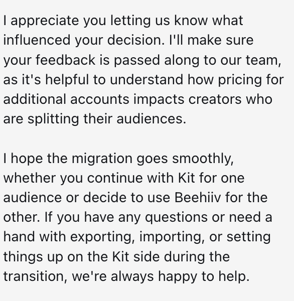 Jazzfuel's tweet photo. I thought that there was a big competition between @beehiiv &amp; @kit... 

...but when I told Kit I was switching one of my accounts over, they couldn't be more helpful, and even seemed to suggest I moved the other too 🤣 https://t.co/bprZscjOk2
