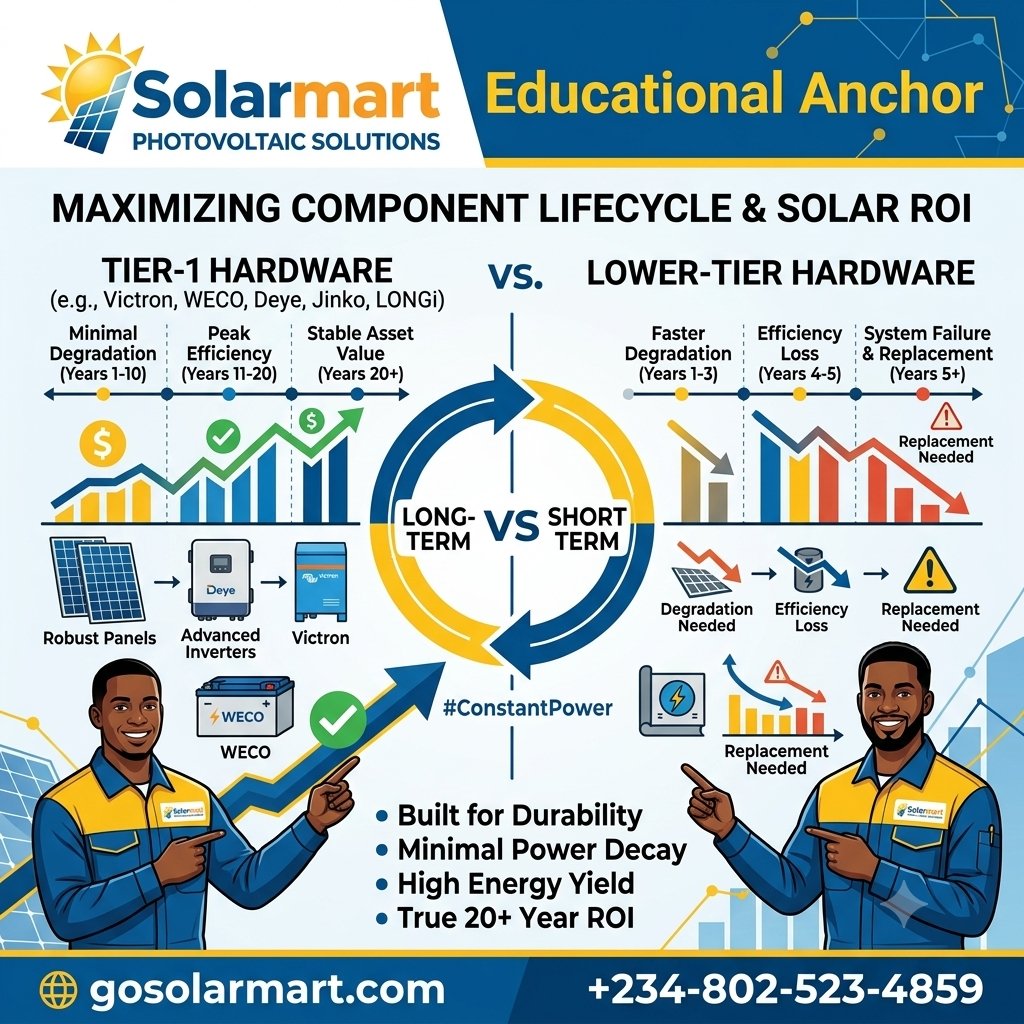 SolarmartNG's tweet photo. Solar Energy 101: Why Tier-1 hardware is non-negotiable for a 20+ year ROI. ☀️
Cheap components degrade in years. Tier-1 hardware (Victron, Deye, Jinko, LONGi, WECO) performs for decades. Protect your capital and secure #ConstantPower. https://t.co/nBDpwVii4w
