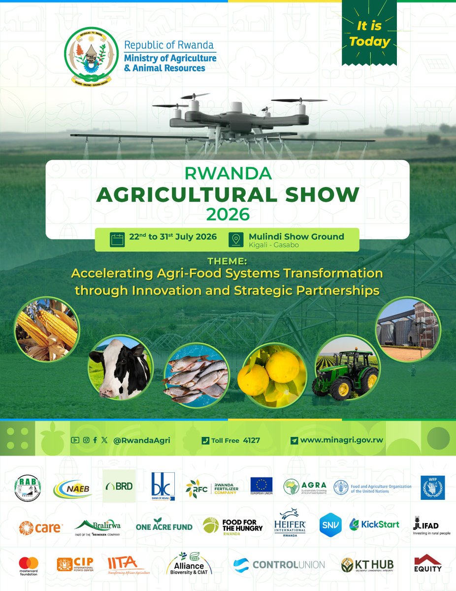 RwandaAgri's tweet photo. The wait is over! 🎉

#RwandaAgriShow2026 kicks off today at Mulindi Show Ground, Kigali, where agriculture meets technology, innovation, business opportunities, learning, and entertainment.

We warmly welcome you to be part of this exciting journey as we transform agri-food systems together.

Entry is FREE. See you there!

#RwandaAgriShow2026
===================================

Ntimuzacikwe n'Imurikabikorwa ry'Ubuhinzi n'Ubworozi mu Rwanda ku nshuro ya 19. Insanganyamatsiko ni "Twihutishe ivugurura ry'Ubuhinzi n'Ubworozi binyuze mu guhanga ibishya n'ubufatanye". 

Ni uguhera uyu munsi tariki ya 22 kugeza tariki ya 31 Nyakanga 2026 ku Mulindi, i Kigali. 

Kwinjira ni UBUNTU!!

#RwandaAgriShow2026