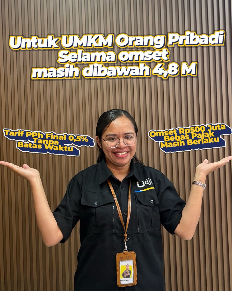 pajakbaa's tweet photo. Nggak perlu overthinking lagi soal batas waktu yang bakal habis.  ​Buat WP Orang Pribadi yang omzetnya di bawah Rp500 juta setahun, kamu  tetap bebas dari Pajak Penghasilan. 🎉  ​Yuk, makin semangat usahanya dan jangan lupa kewajiban pajaknya tetap  dilaporkan dengan tertib! 🚀 https://t.co/vqd0YWALK6