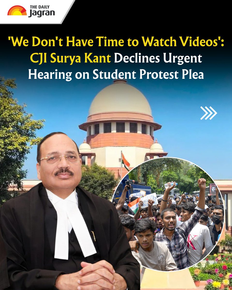 TheDailyJagran's tweet photo. #Swipe | The Supreme Court, led by Chief Justice of India Surya Kant, declined to urgently hear a plea seeking intervention over the alleged police crackdown on student protesters. 

During the hearing, the CJI remarked, "We are not interested in videos; we don't have time to watch," and told the counsel, "Don't waste our time, and don't waste your time," while refusing to take up the matter for immediate consideration.

[Supreme Court, Surya Kant, CJI, Students, Protest, Police, The Daily Jagran]