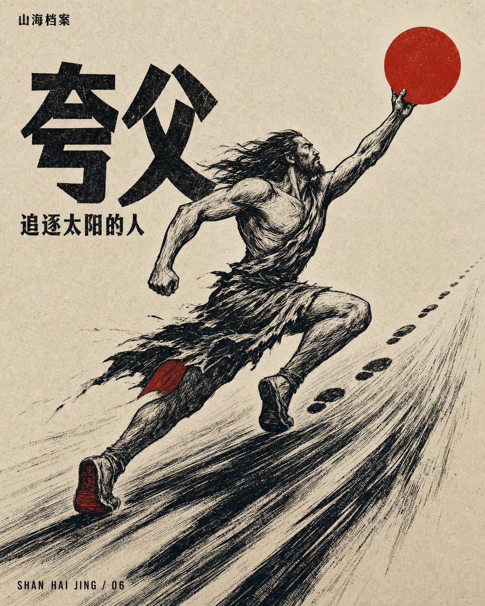 chenlinspark's tweet photo. 神话不是被复原，是被重新刻一遍。

一个追着朱砂太阳奔跑，一个把九个日轮压在即将断裂的弓弦上。

黑、旧米白、朱砂，只留下动作和命运的重量。
木刻刀痕不是装饰，它就是人物的速度。
如果神话人物也有当代海报，你会先看谁？ https://t.co/yPGWJDJERn