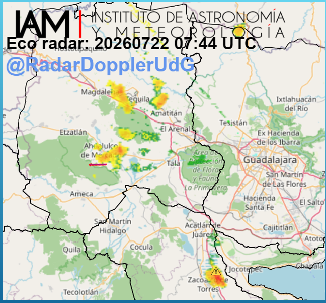 RadarDopplerUdG's tweet photo. El radar continua registrando #lluvia puntual fuerte en la región Valles: #AhualulcodeMercado, #Magdalena y #Tequila. Y se registra #lluvia puntualmente muy fuerte con posible caída de granizo en #ZacoalcodeTorres. Continua la vigilancia meteorológica. https://t.co/gbbZTXMODH