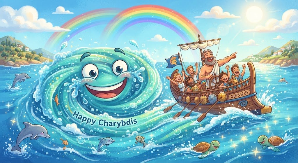 HotelLobbyIce's tweet photo. This is what Christopher Nolan's Odyssey *should* have looked like!  Starring Happy Charybdis.  Imagine if Charybdis was Happy, and everyone was cheering for Odysseus to make it home safely!

This is the movie we needed! #HappyOdyssey #Odyssey Better Color Grading! https://t.co/HXURB6EmXo