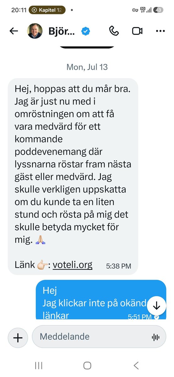 bjorn_hakansson's tweet photo. Detta är ett exempel på vad som skickas från mitt numera hackade konto @bjornhakansson. Sådana meddelanden kommer alltså inte ifrån mig utan från hackaren. Klicka inte på länken. https://t.co/9FYOCRtzWs
