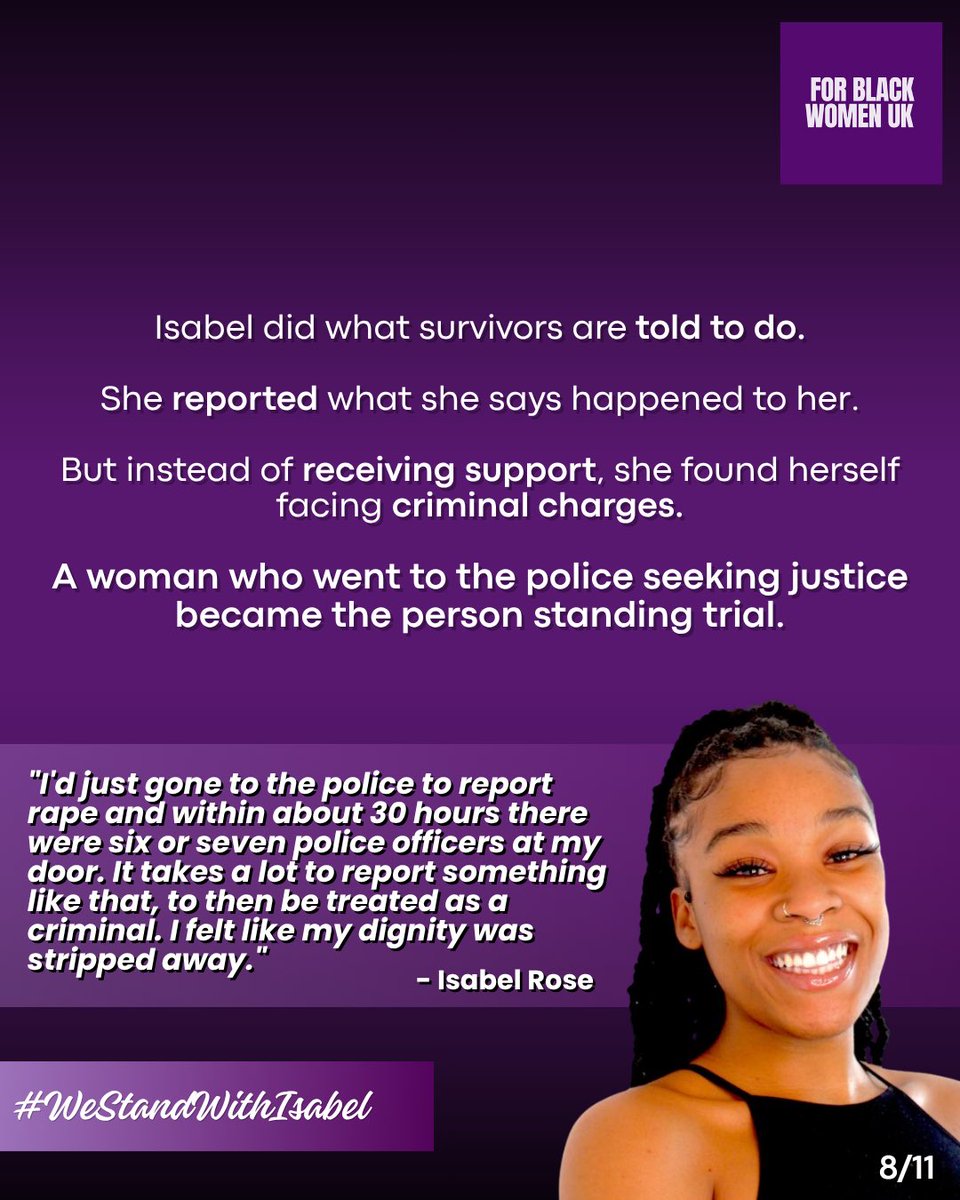 forblackwomenuk's tweet photo. “I’d just gone to the police to report rape… to then be treated as a criminal.”
Isabel did what survivors are often encouraged to do: report what happened.
Instead, she now finds herself in prison. https://t.co/fl8ipxV8Be