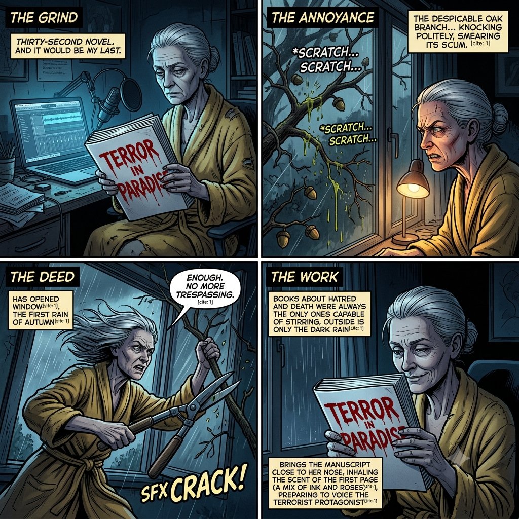 ka_oren's tweet photo. Adapted a snippet from my manuscript Terror in Paradise into a short comic panel! 🎨✨

Meet my narrator: bitter, isolated, and absolutely done with the world—starting with the oak branch knocking on her window.

Writing dark fantasy with a touch of dry humor is always a ride https://t.co/U7WXNbDEbt