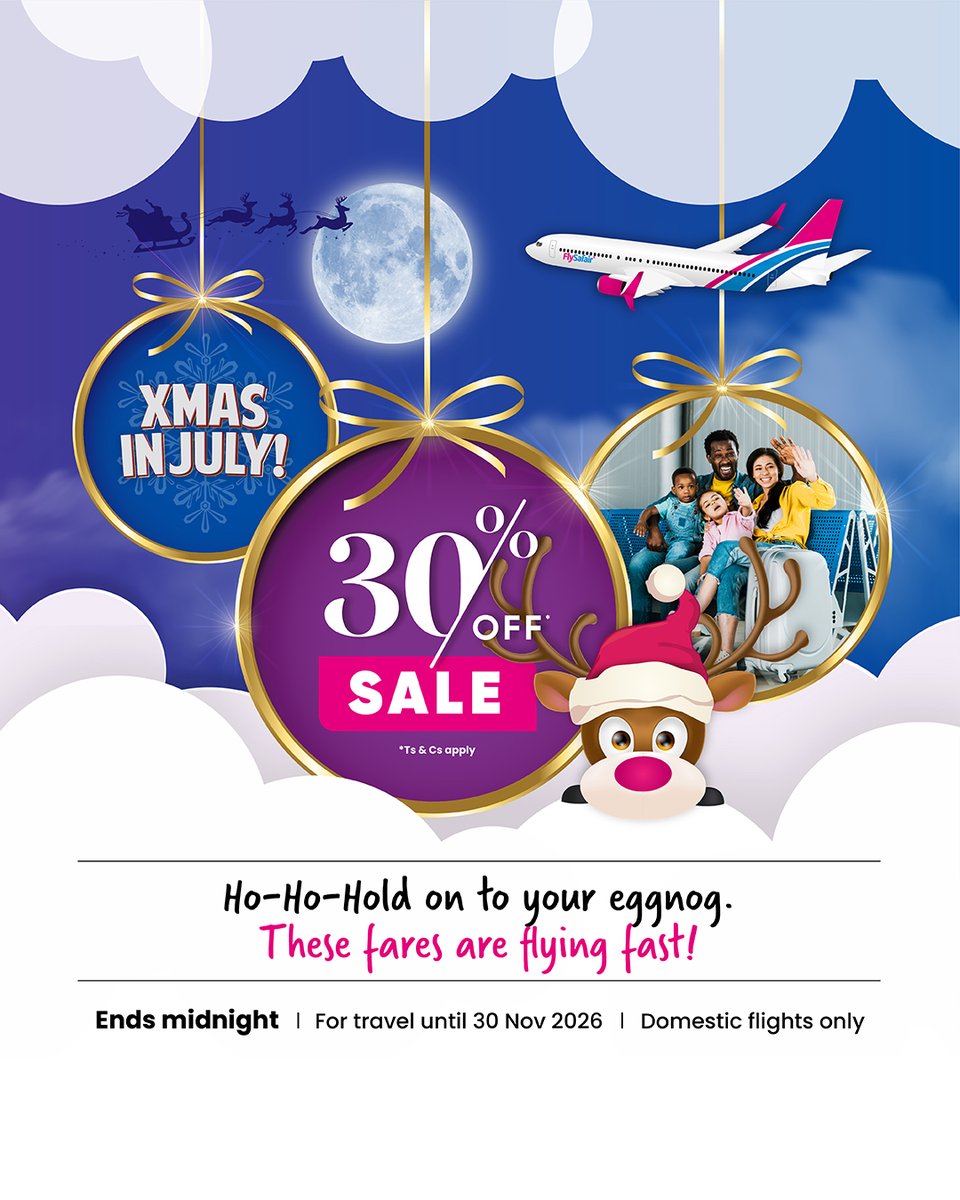 FlySafair's tweet photo. 🎄 'Tis the season to plan your next trip, and our X-mas in July Sale has you covered.

That's right, we're serving up great deals this winter with 30% OFF* all domestic flights until midnight tonight, for travel until 30 Nov 2026! Sleigh the day.

Book at https://t.co/1vgE7G3XyX

*Ts & Cs apply