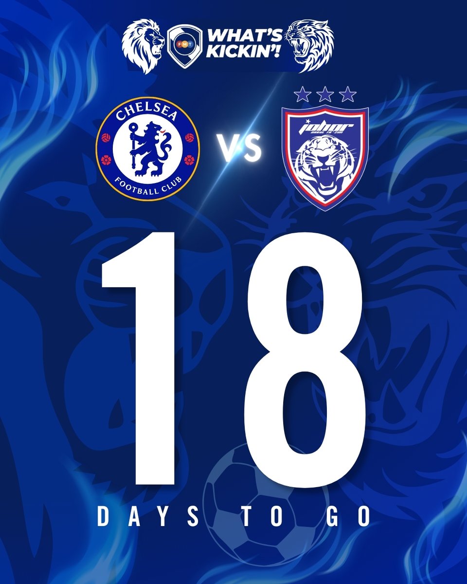fmtoday's tweet photo. 18 DAYS TO GO! ⏳⚽

Witness Chelsea face JDT on Aug 9 at Sultan Ibrahim Stadium, Johor.

Grab your match 🎟️ tickets here: https://t.co/K42J14ghQJ

#FMTSports #WhatsKickin https://t.co/JiQ7aKX00Y