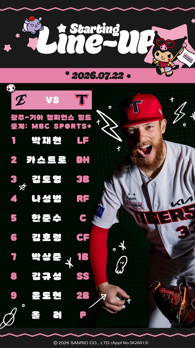 Kiatigers's tweet photo. 오늘의 KIA 타이거즈 라인업💜

선발투수: 올러
상대팀: 한화 이글스
구장: 광주-기아 챔피언스필드
중계: MBC SPORTS+, TVING https://t.co/9ydA4qxcwA