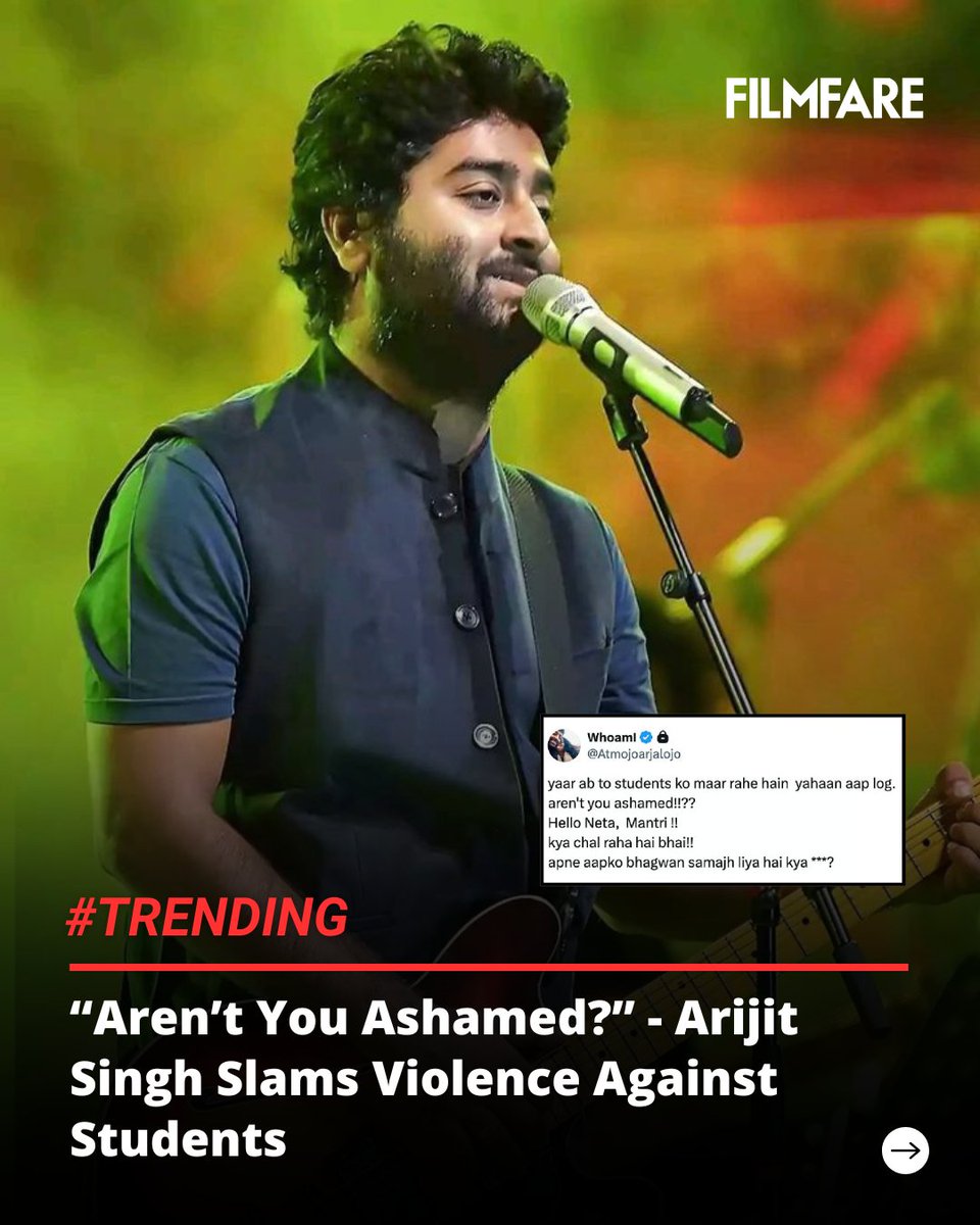 filmfare's tweet photo. #ArijitSingh has condemned the violence against students, voicing concern over the incident and questioning those in positions of authority. 🙌

#Trending https://t.co/NsBnydmzEp