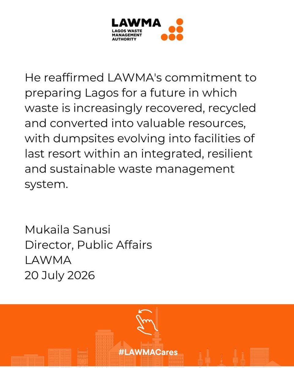Lawma_gov's tweet photo. Preparing Lagos for a future beyond dumpsites.

LAWMA is transforming waste management by investing in recycling, resource recovery and modern waste processing infrastructure to reduce dependence on dumpsites.

Through expanded Material Recovery Facilities, composting plants, biodigesters, environmental education and stronger partnerships, Lagos is moving towards a circular economy where waste becomes a valuable resource.

But this future depends on everyone. Sort your waste at source, patronise your assigned PSP operator and support recycling efforts.

Together, we can build a cleaner, more sustainable Lagos.

#LAWMACares