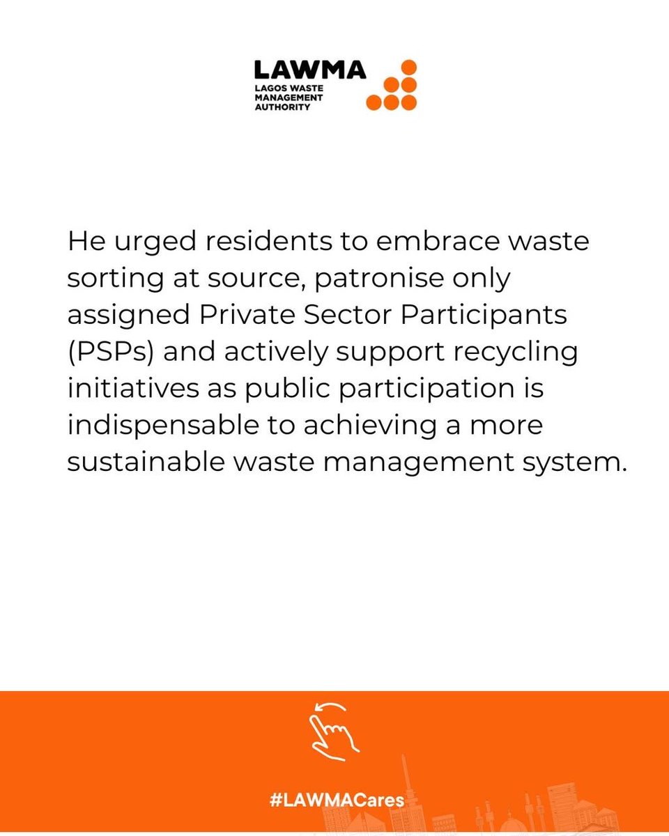 Lawma_gov's tweet photo. Preparing Lagos for a future beyond dumpsites.

LAWMA is transforming waste management by investing in recycling, resource recovery and modern waste processing infrastructure to reduce dependence on dumpsites.

Through expanded Material Recovery Facilities, composting plants, biodigesters, environmental education and stronger partnerships, Lagos is moving towards a circular economy where waste becomes a valuable resource.

But this future depends on everyone. Sort your waste at source, patronise your assigned PSP operator and support recycling efforts.

Together, we can build a cleaner, more sustainable Lagos.

#LAWMACares
