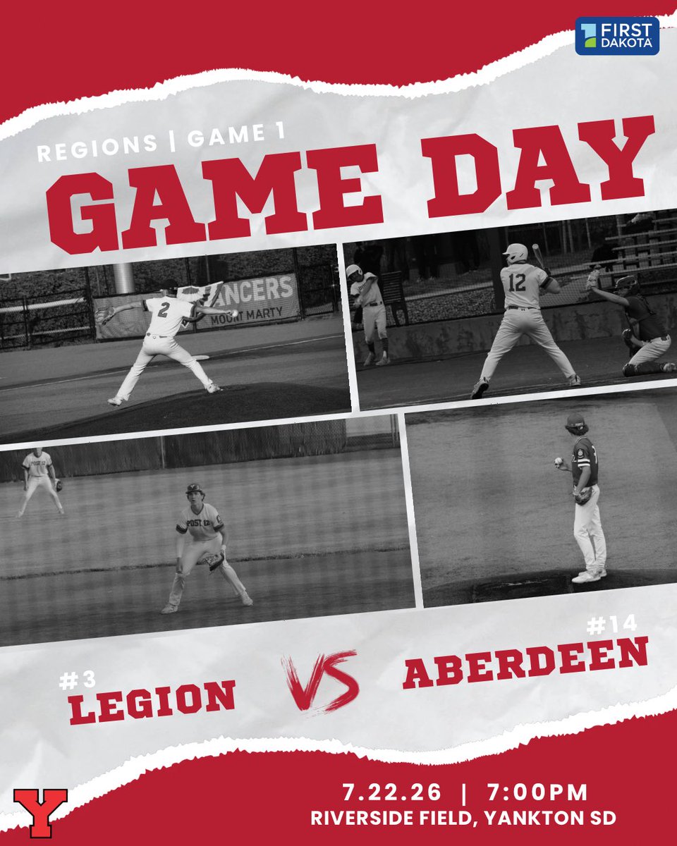 YBABaseball's tweet photo. 🚨PLAYOFF GAMEDAY🚨

Your #3 Post 12 Legion Bucks take on #14 Aberdeen in Game 1 of the best of 3 series to reach the state tournament!! Let’s fill the seats at Bob Tereshinski Stadium — Riverside Field!! The theme tonight is BLACKOUT⚫️⚫️

Reminder, YBA passes will be accepted and Yankton students/kids are free! We will also be recognizing the 11U State Champions Yankton Dingers on the field prior to the start of the legion game!

It’s a great day for baseball! Let’s go Legion!!