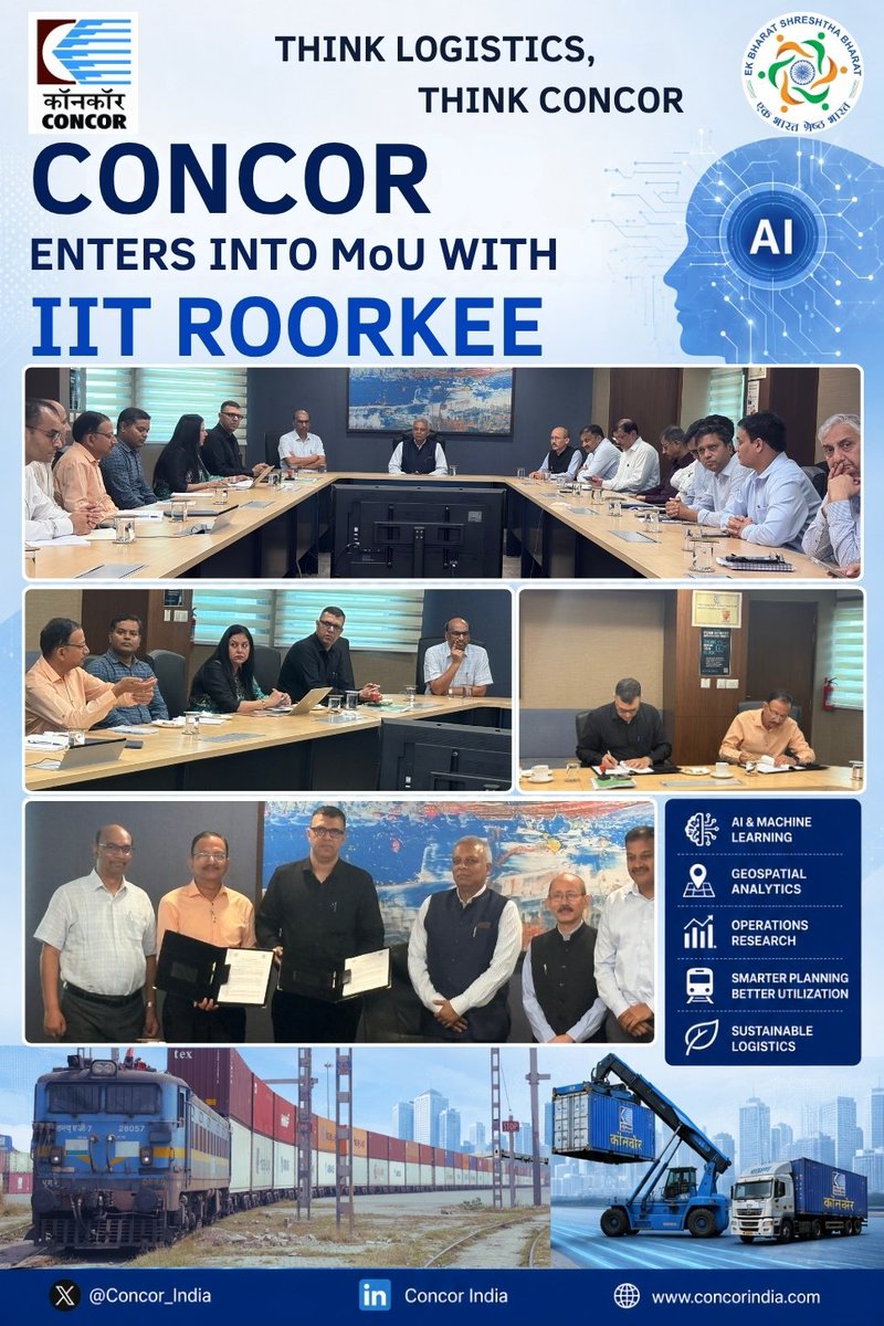 concor_india's tweet photo. CONCOR enters into MoU with IIT Roorkee, to collaborate on the development of an AI-Driven Decision Support System for Smart DLP, Inventory Management and Network Optimization.

This collaboration aims to leverage Artificial Intelligence, Machine Learning, Geospatial Analytics and Operations Research to enhance train planning, trailer utilization, container inventory management and multimodal logistics across CONCOR's network.

The initiative reflects CONCOR's commitment to innovation, digital transformation and sustainable logistics, enabling smarter planning, improved asset utilization, lower operational costs and reduced carbon emissions.

Together, CONCOR and IIT Roorkee are paving the way for the next generation of intelligent logistics solutions.
@phdchamber 

#ArtificialIntelligence #Logistics #Innovation #DigitalTransformation #SmartLogistics #RailLogistics #SupplyChain #Sustainability