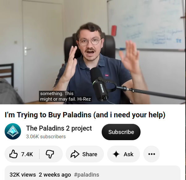 syberbolt's tweet photo. Attention Paladins community

There's a guy on YouTube claiming he wants to buy Paladins from Hi-Rez. 

The video outlines a low-thought out plan made in 5 minutes, and is filled with nostalgia bait.

He is asking people for money. Please do not him send any. 

Video coming soon. https://t.co/e8iaWFSBuE