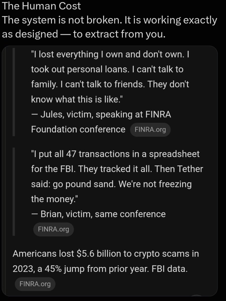 safrefuge's tweet photo. Section 1:
SAFR
Social Anti-Fraud Refuge

You were told crypto was freedom.
You got a casino rigged against you.

This is where you stop playing.

The house always wins — because the house built the game
Your "community" is a feed of paid liars
The only winning move is to leave https://t.co/UhQuUH88Gu