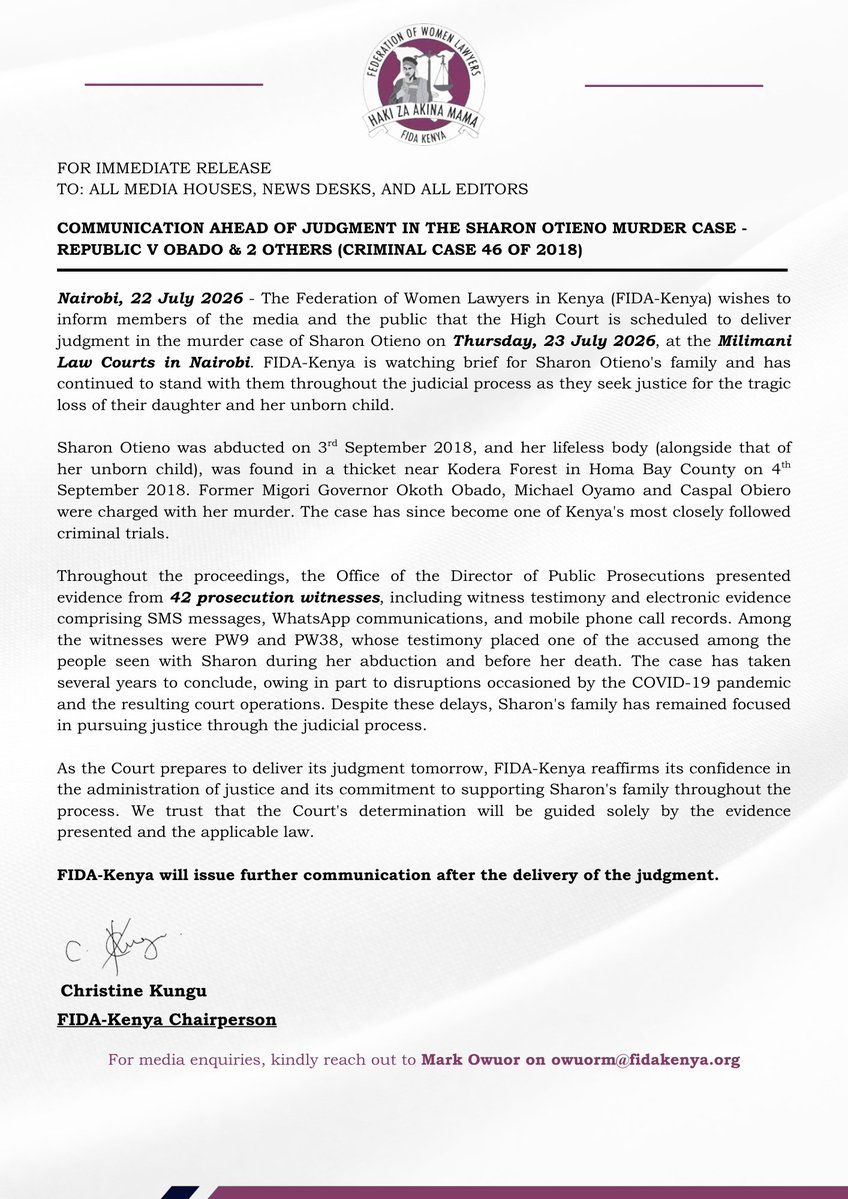fidakenya's tweet photo. STATEMENT: Sharon Otieno was abducted on 3rd September 2018, and her lifeless body (alongside that of her unborn child), was found in a thicket near Kodera Forest in Homa Bay County on 4th September 2018. Former Migori Governor Okoth Obado, Michael Oyamo and Caspal Obiero were charged with her murder. The case has since become one of Kenya's most closely followed criminal trials.