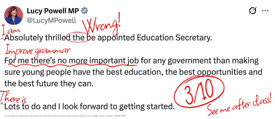 GBPolitcs's tweet photo. 🚨NEW: The Conservative party mocks new Education Secretary Lucy Powell's grammar in her post on X https://t.co/QqavYExPu8