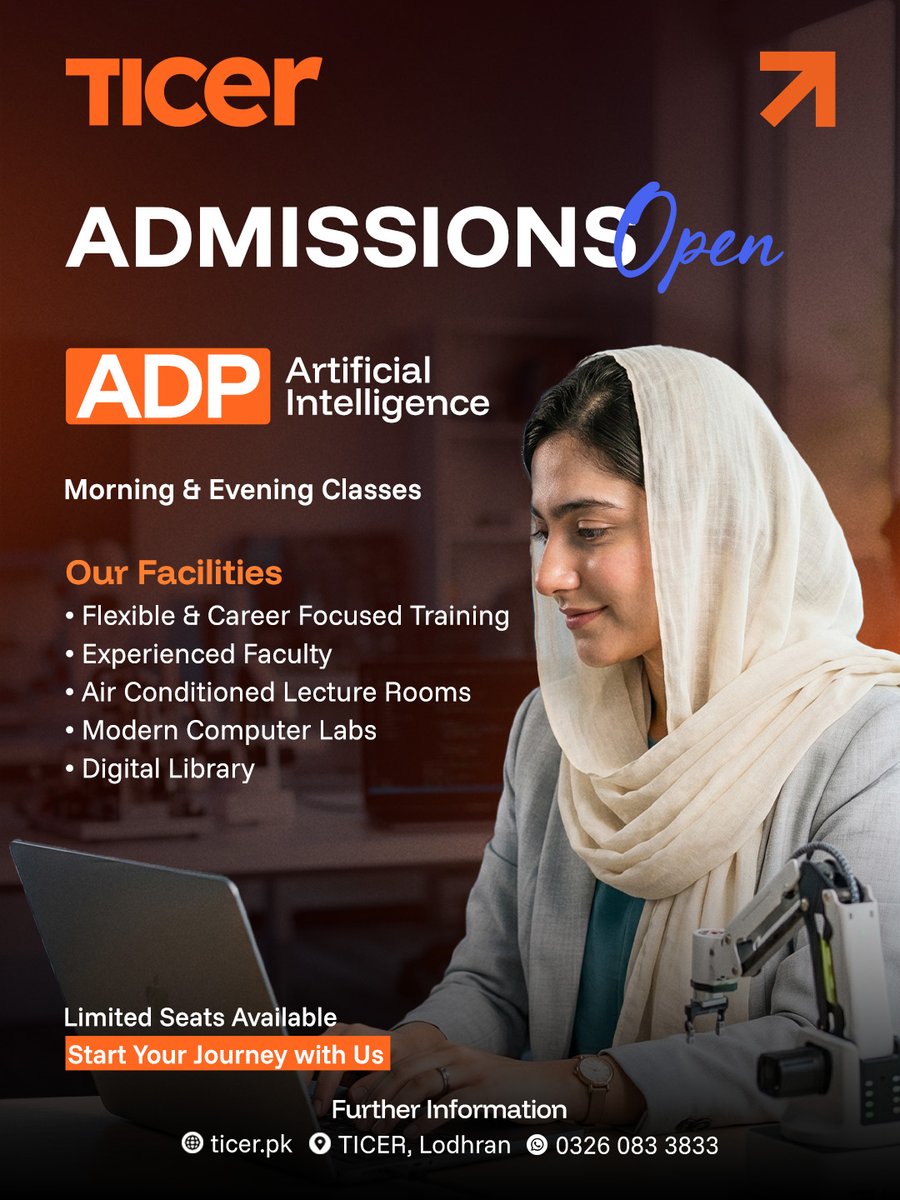 ticerpk's tweet photo. The future belongs to those who learn AI today.

Admissions are now open for ADP in Artificial Intelligence at TICER.

Limited seats available.

📍 TICER, Lodhran
📞 0326 083 3833
#TICER #AdmissionsOpen #ArtificialIntelligence #AI #ADP #TechEducation #Lodhran https://t.co/5mq1Epf5nI