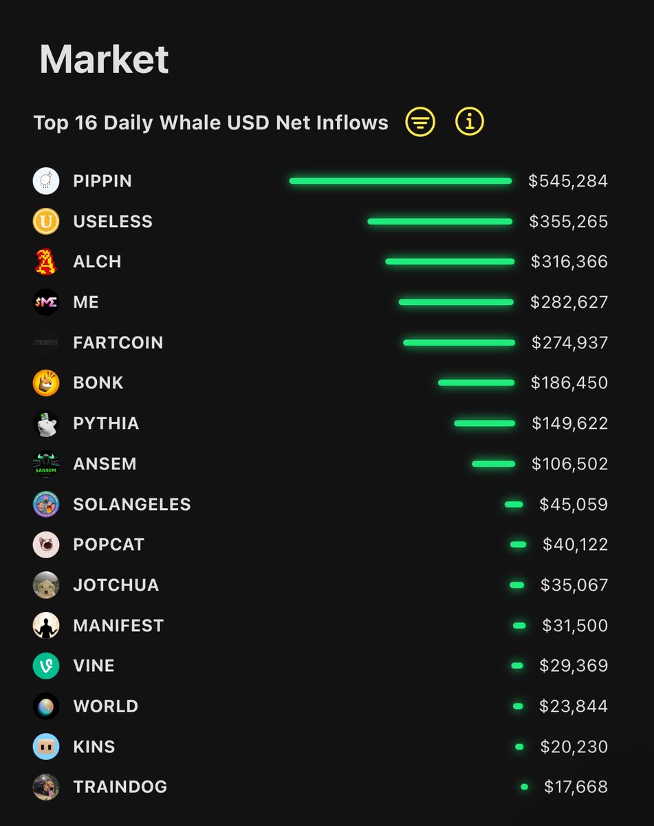 SunFlowSolana's tweet photo. $PIPPIN and $USELESS topped yesterday’s top 16 whale inflows list!

That’s the 2nd consecutive day of USELESS taking the top 2 spot in whale inflows.

The rest of the top 16 whale inflows ⤵️

#1 PIPPIN
#2 USELESS
#3 ALCH
#4 ME
#5 FARTCOIN

Is there a pattern emerging in the assets whales continue accumulating across Solana?