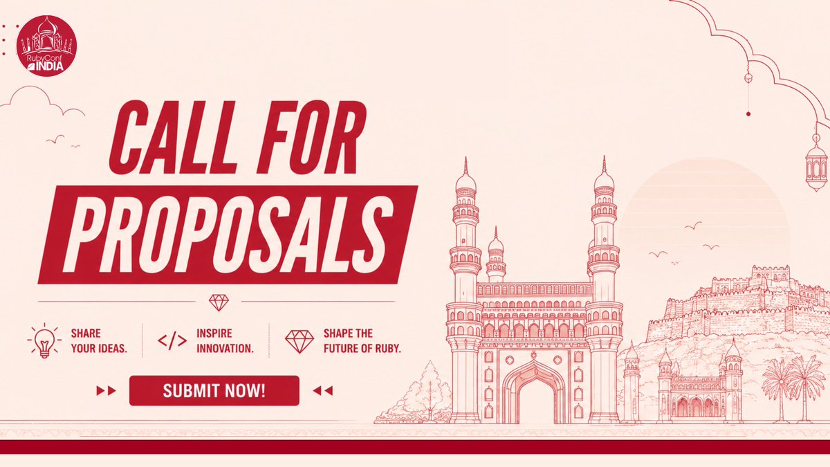 rubyconfindia's tweet photo. 🚨 Call for Proposals for RCI26 is now OPEN!

Submit your talk proposal and be part of one of India's biggest Ruby conferences alongside an incredible lineup of speakers.

📢 Submit your proposal today: https://t.co/fMKgx0i7kY

#CallForProposals #RubyConf #RubyConfIndia2026 #CFP https://t.co/2GXcRrSScE