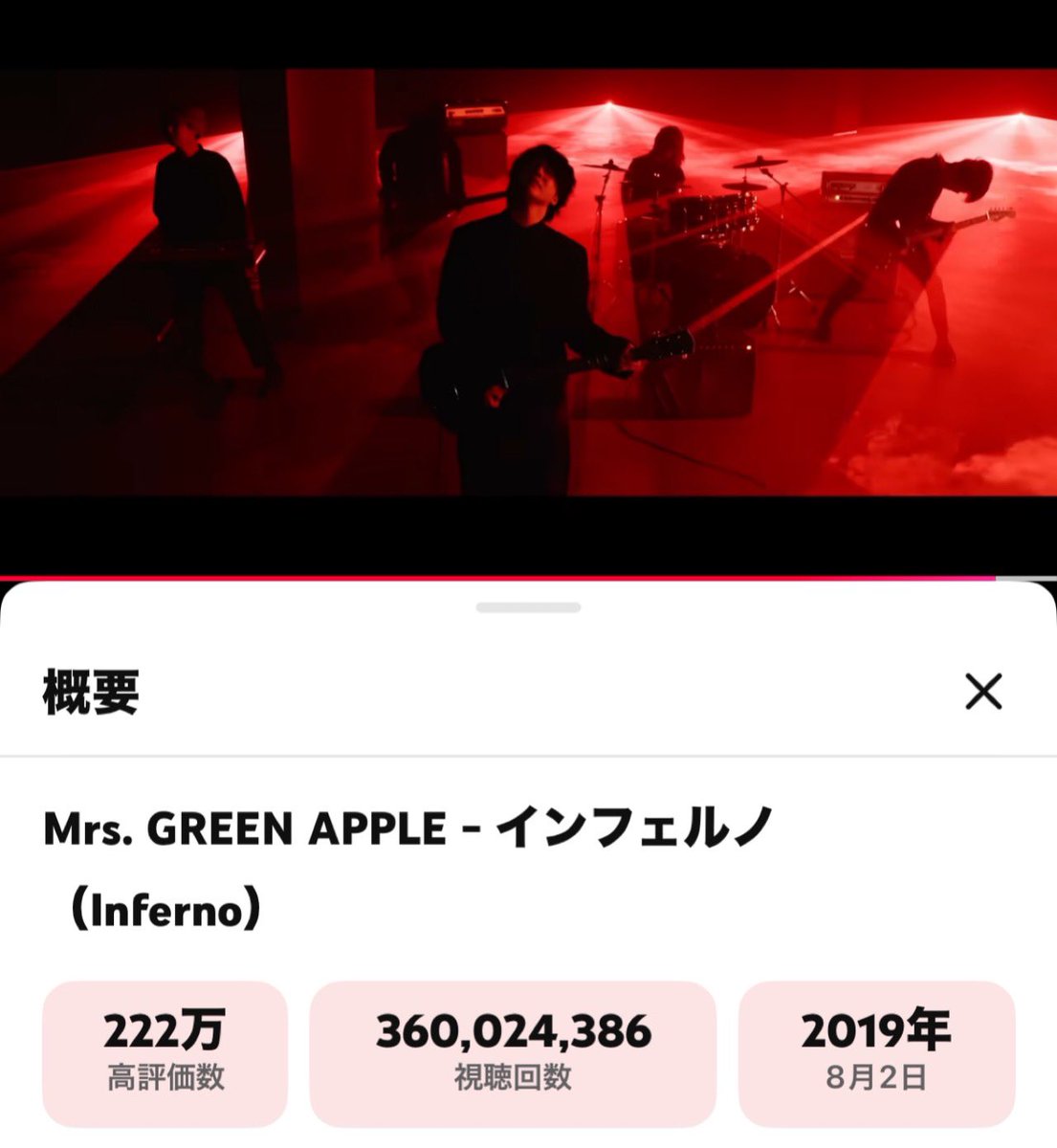 akiringo_ao's tweet photo. Mrs. GREEN APPLE 「インフェルノ」🔥
（Inferno） 
https://t.co/mL40A9fU4X 

3.6億回再生✨️
おめでとうございます🎉🎉🎉

永遠は無いんだと 無いんだと云フ
僕らは命の火が消えるその日まで
歩いてゆく

 #MrsGREENAPPLE
 #インフェルノ https://t.co/CXR7Nf1R07