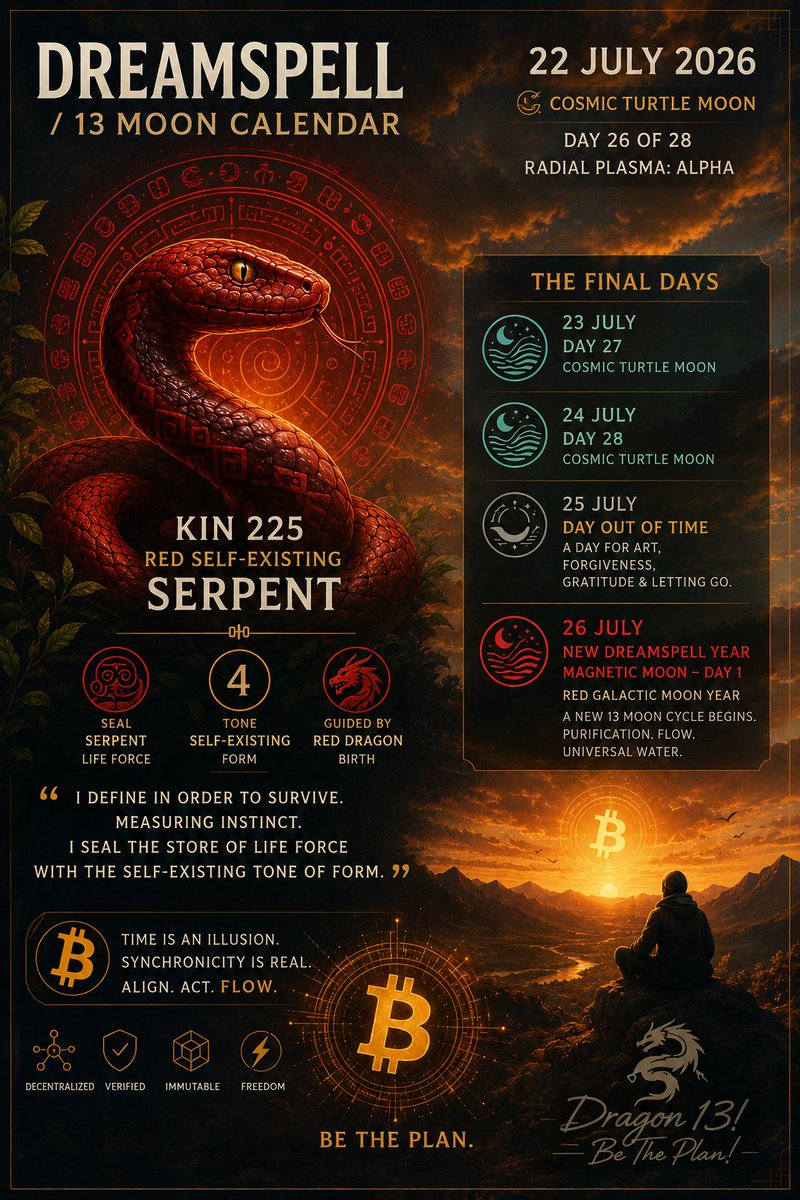 zorrotjj's tweet photo. Time is measured. Truth is verified.
Build with intention, not illusion.
As the Dreamspell year comes to its close, every block, every day, and every choice becomes part of the story. 🐉₿
#Bitcoin #Dreamspell #ProofOfWork #Time https://t.co/6d4vZAdS3I