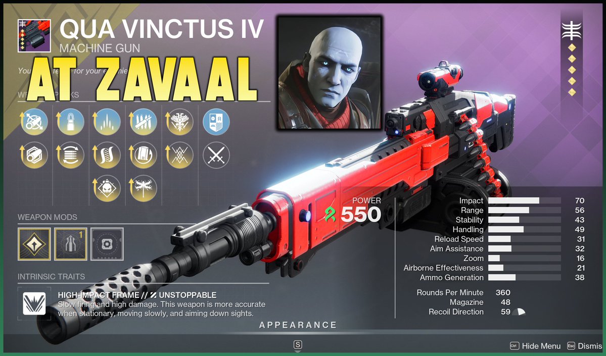 DangerXx86's tweet photo. Don't Miss This PvE God Roll at Zavala This Week!!
Qua Vinctus IV Machine Gun
(Rewind Rounds + Hatchling)

#destiny2 #destiny2game #destiny2community https://t.co/X3lyPWJCHo