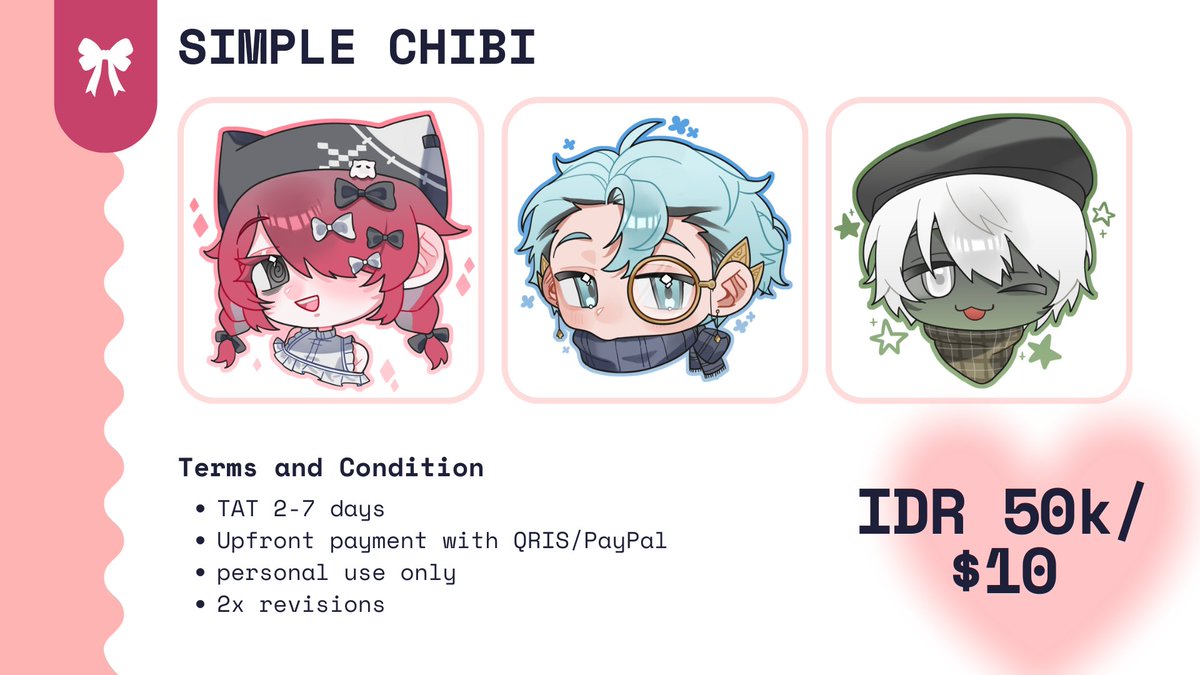 hraiac's tweet photo. 💗SIMPLE CHIBI COMMS💗
[ ↺ + ♡ appreciated! ]

opening this simple chibi styled comms for Rp50k/$10! only for 5 slots, kinda urgent to pay for my internet bills. DM me if you're interested! samples and tnc below 🙇‍♀️ https://t.co/qFvQFiB0Jg