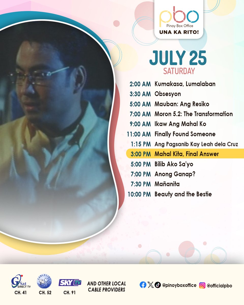 PinoyBoxOffice's tweet photo. Isang love story na nagsimula sa isang lucky charm.

Seswertehin sa kilig sa 𝗠𝗮𝗵𝗮𝗹 𝗞𝗶𝘁𝗮, 𝗙𝗶𝗻𝗮𝗹 𝗔𝗻𝘀𝘄𝗲𝗿, 3PM bukas sa PBO.

Bisitahin ang aming website: https://t.co/hvXbVU0nBt #PBOSchedule #PinoyBoxOffice #UnaKaRito https://t.co/B5GkVJdKIp