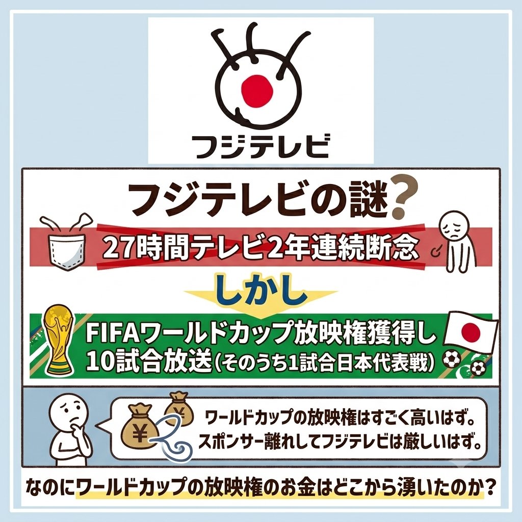 817katasu_'s tweet photo. フジテレビの謎
スポンサー離れで27時間テレビは2年連続放送断念なのにワールドカップの放映権は買えたのはなぜなのか？ https://t.co/tPLj4LlBZy