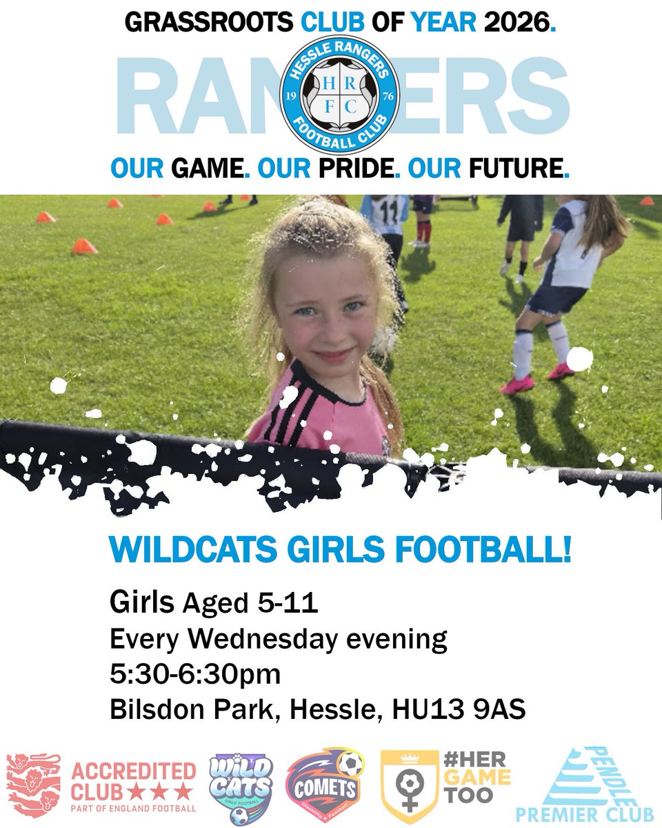 HessleRangers's tweet photo. Hessle Rangers Wildcats #GIRLSFOOTBALL centre continues through the summer hols tonight, 5:30pm! Ages 5-11.  

Play football. Make friends. Have fun! 

🌏 Bilsdon Park, Beverley Road, Hessle, HU13 9AS 

💰£2 (First session is FREE!)

🩵🤍 #UTR #OurGameOurPrideOurFuture https://t.co/T0nNSrzxsy