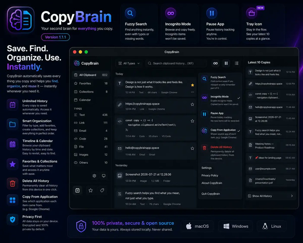 zidniryi's tweet photo. https://t.co/VDdMKOy5an
Version 1.1.1
Fuzzy Search
Incognito Mode
Pause App
Copy From Application
Tray Icon With Latest Copy
Delete All History

#rust #coding #desktopapp #ai #claude #tools https://t.co/TpyQoT2d91