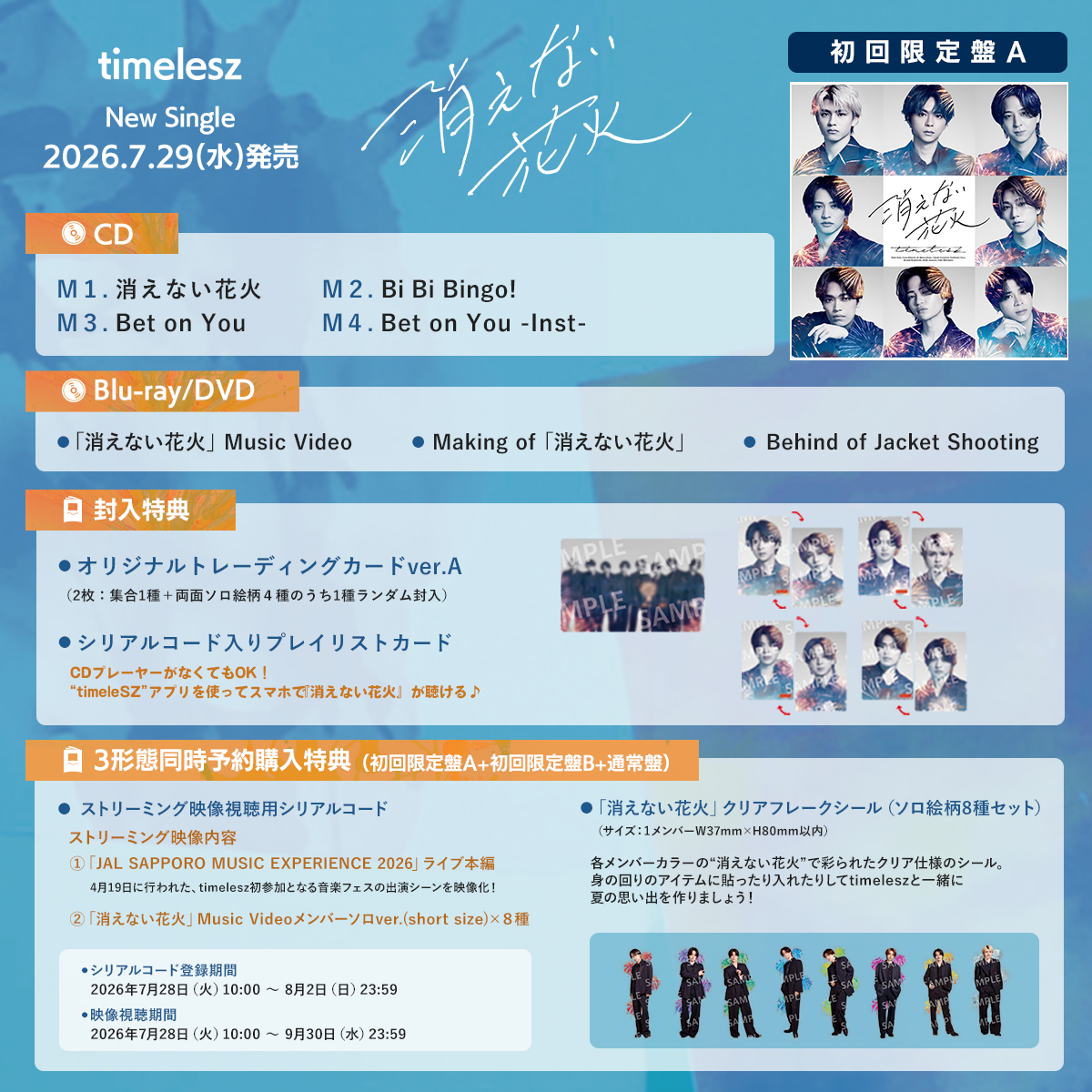 OVTT_official's tweet photo. *＼\『消えない花火』 /／*
　⠀🎆発売まであと７日🎆
　￣￣￣￣￣￣￣￣￣￣￣￣
【初回限定盤A】をおさらい✍️

💿｢Bet on You｣は初回限定盤Aのみ収録♪

📀｢消えない花火｣のMVとジャケット撮影のメイキング映像を収録𖤐

🛍️詳細＆予約はコチラ
🔗https://t.co/DYlW5irGAg

New Single
『消えない花火』
2026.7.29 Release

#timelesz_消えない花火
#timelesz #タイムレス