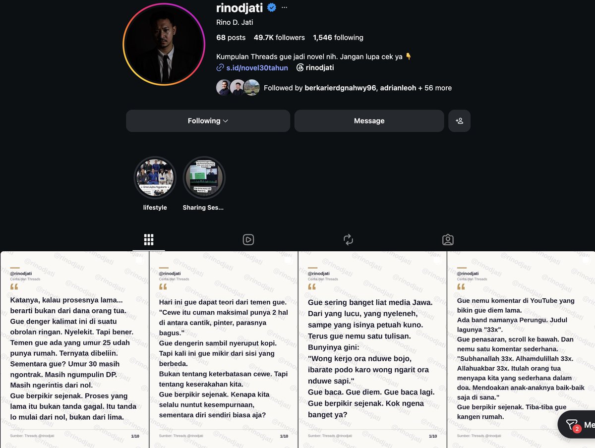 hanifproduktif's tweet photo. Threads to IG carousel. Konten2 viral dari Threads/X dijadikan image Carousel untuk posting di IG (fully automated pake Claude + Buffer)
 
Kemarin test di akun @rinodjati cukup sukses. Dapet 40k followers dalam 1 minggu wkwk. Semua konten-nya dari tools ini

Sekarang coba testing di akun IG gue. Daripada konten Threads/X kita dicolongin homeless media dan kita ga dapet apa2, mending kita yg bikin postingannya sendiri wkwk