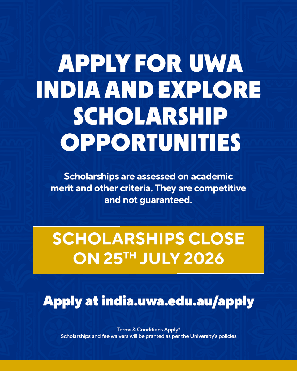 uwaindia's tweet photo. At #UWAIndia, we offer a range of scholarships designed to recognise academic excellence &amp; make students' journeys more accessible.

Swipe through to explore the scholarships available for the 2026 intake.

Scholarships close on 25 Jul 2026
T&amp;C Apply*

#UWAIndia https://t.co/3d4TEj6V3o