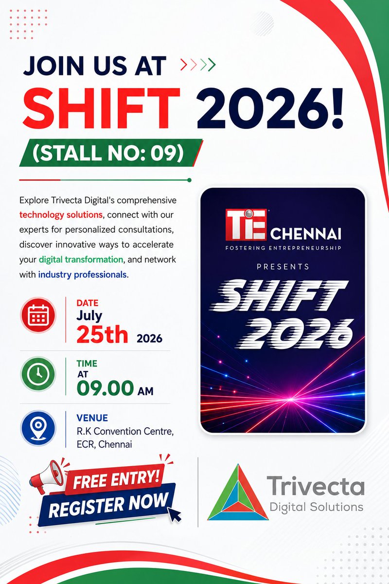 TrivectaDigital's tweet photo. We're exhibiting at #TiEChennai SHIFT 2026! 🚀

📅 25 Jul 2026
📍 R K Convention Centre, ECR
🎯 Stall No. 9

Visit us to explore Zoho, Odoo, AI &amp; Digital Transformation solutions.

📞 +91 92800 84809
🌐 https://t.co/hcwrqrW209

#SHIFT2026 #TrivectaDigital #Zoho #Odoo #AI #ERP https://t.co/jycmVNTOTF