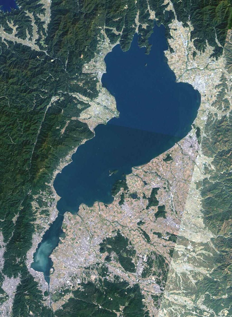 raku_code's tweet photo. 日本一大きな湖は琵琶湖。滋賀県。淀川水系に属する一級河川。440万年前に形成された古代湖。鈴鹿山地・伊吹山地・野坂山地・比良山地・甲賀山地といった山々に囲まれた近江盆地に位置。面積は滋賀県の1/6。貯水量は日本一。水深104m。 https://t.co/JE3CVbaV9g