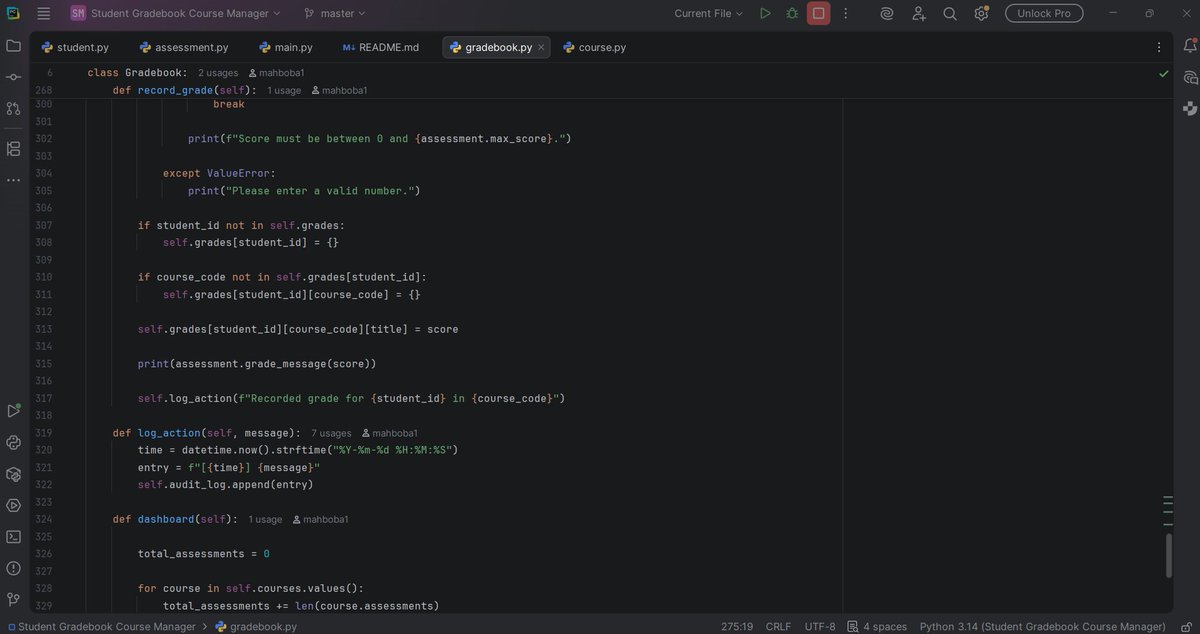 x_mhbob_1's tweet photo. Excited to share my final Python project: Student Gradebook &amp; Course Manager! 
This project helped me strengthen my Python and Object-Oriented Programming skills. Looking forward to learning more and building new projects!
@CodeToInspire @a_daneshyar @f_forough https://t.co/jI7MIgNCTX