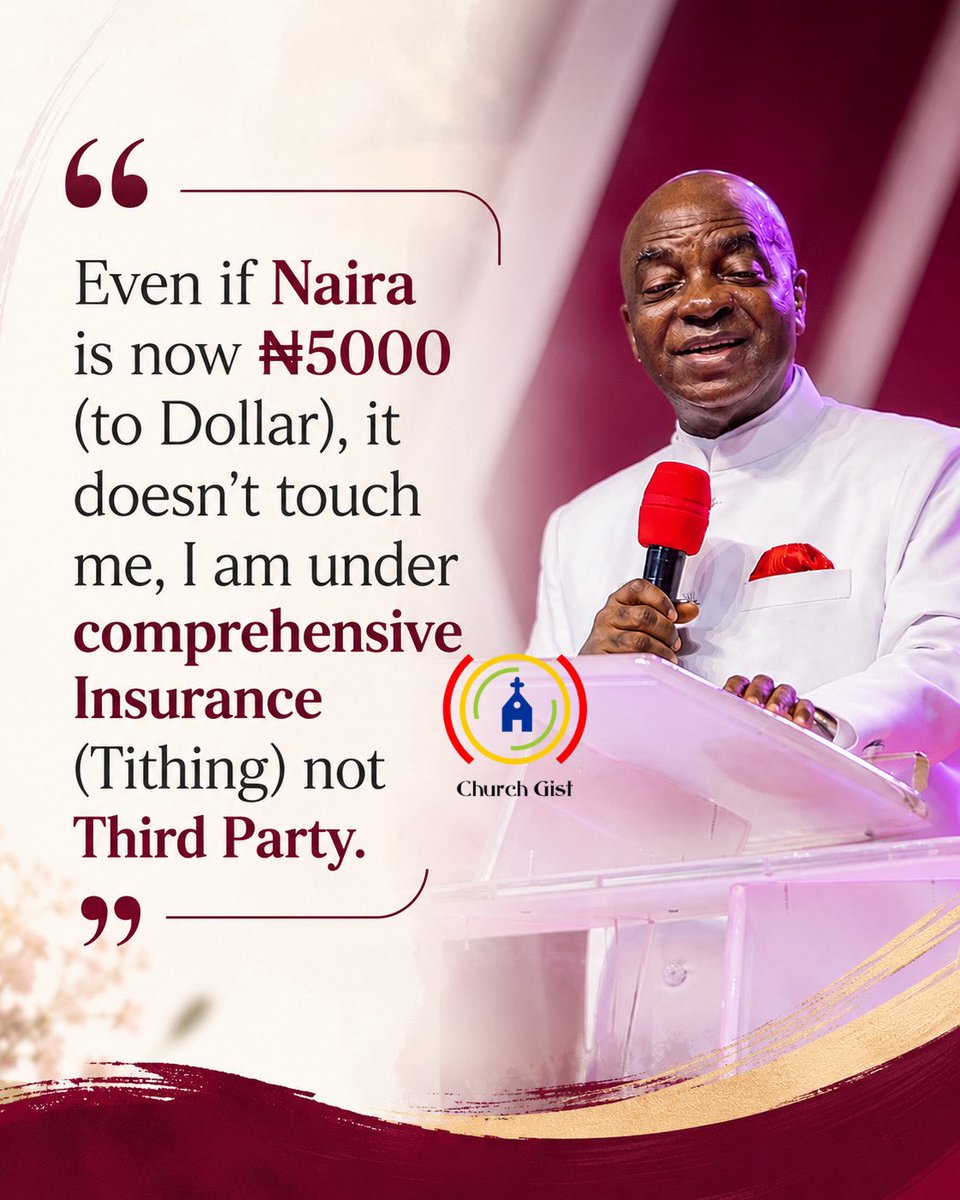 therealchurchg1's tweet photo. Even if Naira is now ₦5000 (to Dollar), it doesn't touch me, I am under comprehensive Insurance (Tithing) not Third Party. 

-Bishop David  Oyedepo https://t.co/qjl6jUEKdo