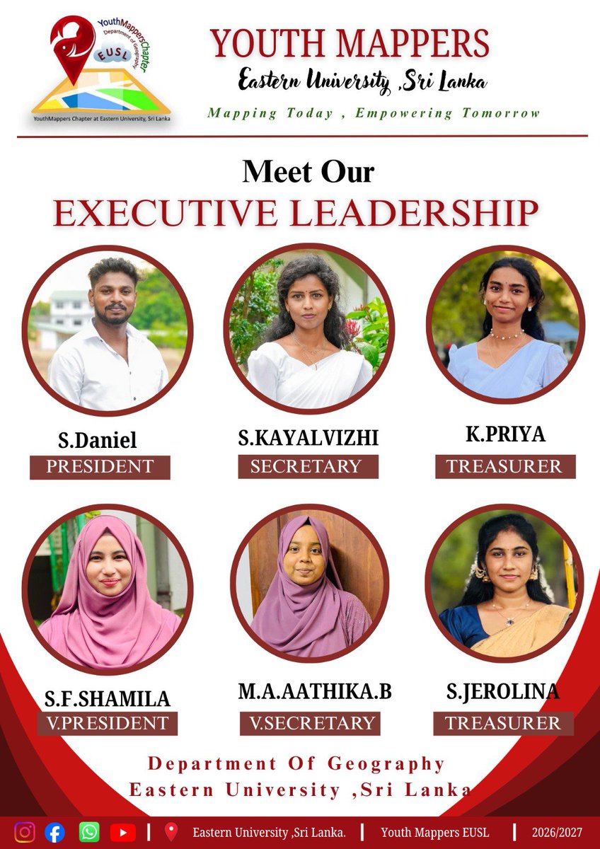YouthMapper2k26's tweet photo. 🌍Meet the Executive Committee of YouthMappers Chapter – Eastern University,Sri Lanka(2026–2027) Congratulations to our dedicated team.Together,let's inspire,map, and create a positive impact. Best wishes for a successful term!🎉
#YouthMappers #EUSL #OpenStreetMap #GIS #SriLanka https://t.co/hevsTfMF67