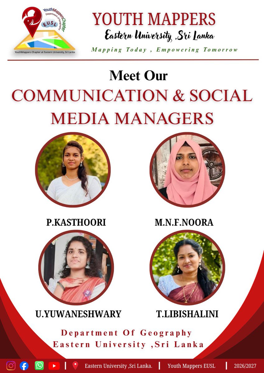 YouthMapper2k26's tweet photo. 🌍Meet the Executive Committee of YouthMappers Chapter – Eastern University,Sri Lanka(2026–2027) Congratulations to our dedicated team.Together,let's inspire,map, and create a positive impact. Best wishes for a successful term!🎉
#YouthMappers #EUSL #OpenStreetMap #GIS #SriLanka https://t.co/hevsTfMF67
