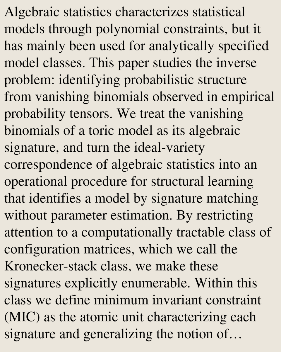 StatsPapers's tweet photo. Algebraic Signatures for Structural Learning in Probability Tensors

Akihiro Maeda, Shohei Hidaka, Satoshi Aoki
https://t.co/K4mpoYTVTr [𝚜𝚝𝚊𝚝.𝙼𝙻 𝚌𝚜.𝙻𝙶]
💬Submitted to Algebraic Statistics https://t.co/XbzLJheNhV