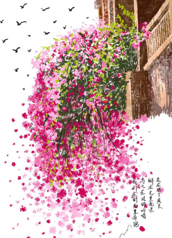 angelbing520's tweet photo. 老檐垂尽胭脂色，落英漫染旧砖墙~ https://t.co/eAA5E6F24D