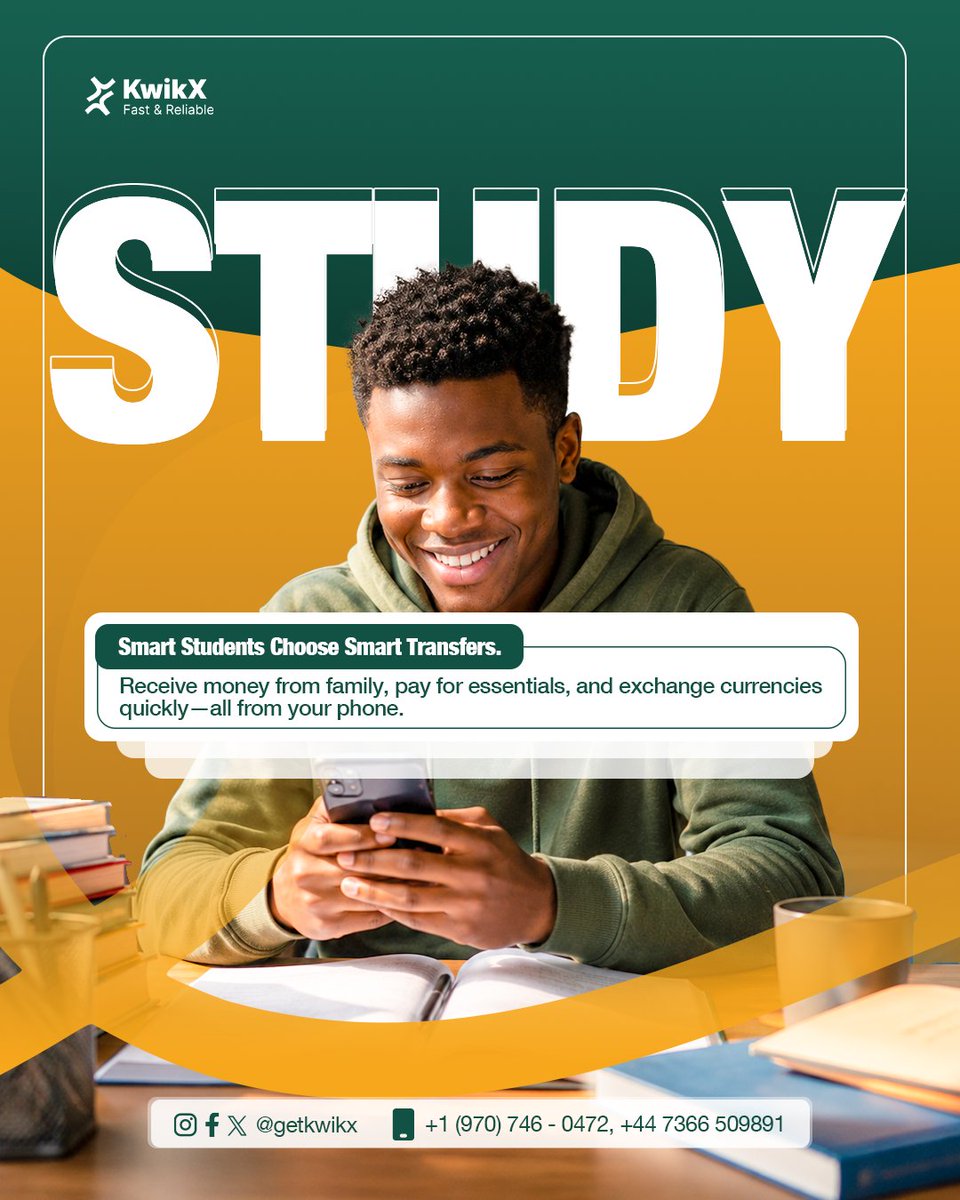 getkwikx's tweet photo. "Being a student is already hard enough. Sending money home, receiving support, or paying for essentials shouldn't be. Study more. Stress less. Let KwikX handle your transfers. 🎓✨"

#kwikx https://t.co/n4B40jGN8Q