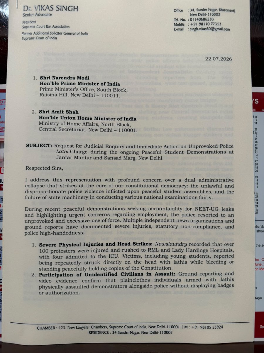 vikassinghSrAdv's tweet photo. I write a letter  to the Prime Minister and the Home Minister, as the SCBA President and a concerned citizen, seeking judicial enquiry and immediate action on unprovoked police lathi-charge during the peaceful student demonstrations at Jantar Mantar and Sansad Marg, New Delhi. https://t.co/ISi15hWSKv